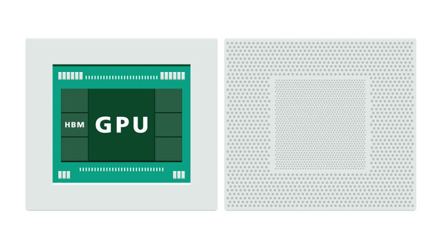 Flat illustration of packaged GPU board with on-board HBM memory showing how high-speed memory supports AI computation and modern parallel processing architecture