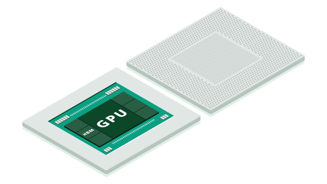 Isometric illustration of packaged GPU board with integrated HBM memory explaining spatial layout of high-speed memory supporting AI workloads and advanced computing systems