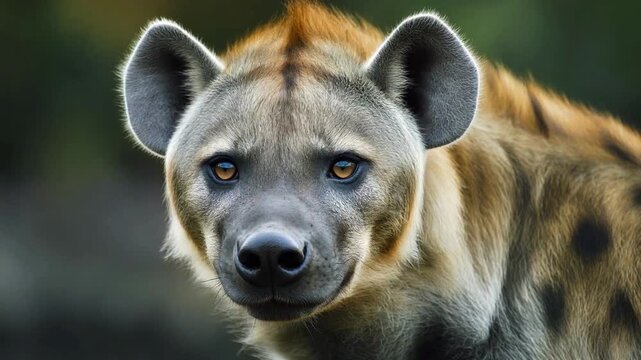 Ultra HD hyena close-up portrait with gritty fur detail and expressive eyes, cinematic dark tone, 4k.
