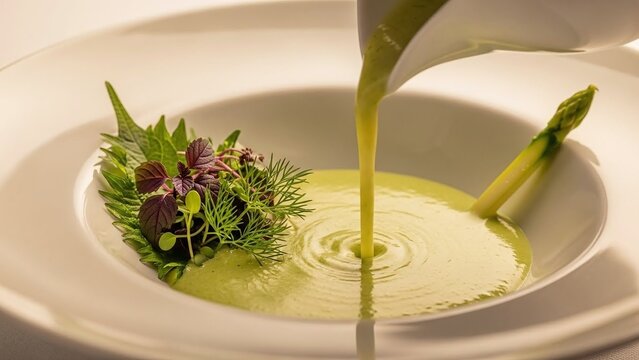 Fine-dining asparagus velout&eacute; poured into bowl with garnish micro herbs