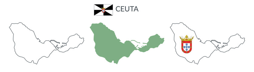 Ceuta geographical borders isolated on white background. Flag of Ceuta. Vector flat cliparts.