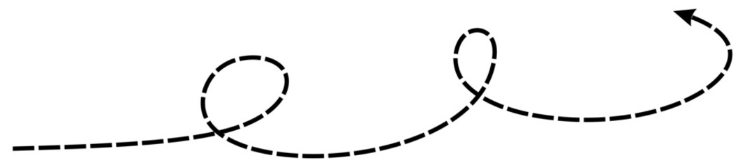 Curved dashed arrow line with directional path indicator vector isolated on transparent background