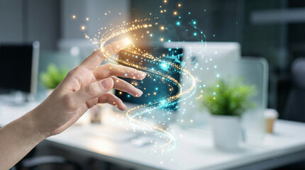 Hand in an office touching an AI data swirl with orange and blue particles