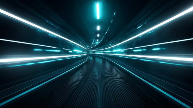 Futuristic neon light tunnel with high speed motion blur and sci-fi technology background