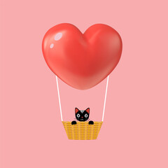 A romantic Valentine's Day illustration featuring a pink heart shaped balloon in a gift basket as a symbol of love and celebration for a happy wedding or birthday card design vector