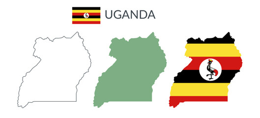 Uganda geographical borders isolated on white background. Flag of Uganda. Vector flat cliparts.