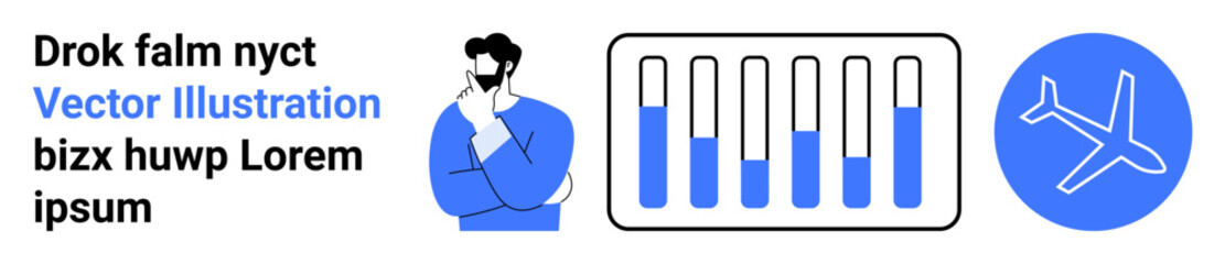 Man contemplating, vertical bar graph with blue progression, circular airplane icon. Ideal for travel, data analytics, strategy planning, logistics, business growth, decision-making simple landing