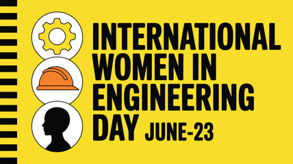 Fototapeta premium Symbols of a gear, hard hat, and female profile highlight International Women in Engineering Day