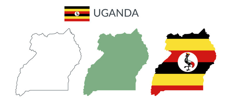 Uganda geographical borders isolated on white background. Flag of Uganda. Vector flat cliparts.