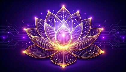 Vibrant digital lotus flower with glowing purple and gold lines