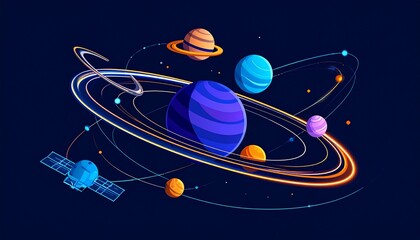 Vibrant digital illustration of planets and satellite in colorful orbits