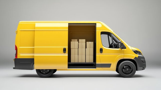 Sleek yellow transportation van with sliding side door partially open showing organized delivery packages inside, immaculate white studio setting, photorealistic 3D model with attention to vehicle