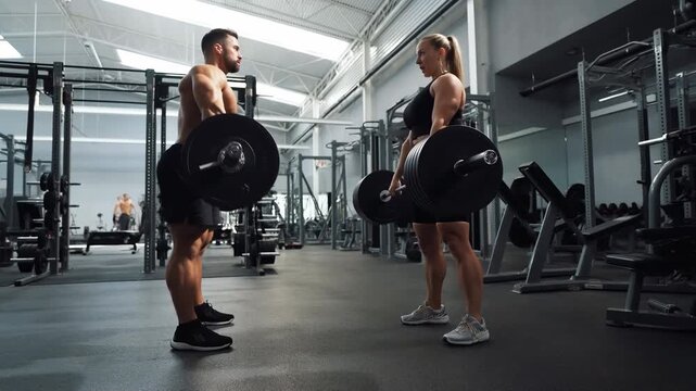 Two Individuals In Contemporary Fitness Center Executing Safe Deadlift Exercises With Dedication And Teamwork