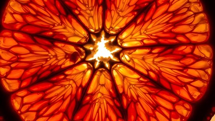 Backlit Macro Texture of Translucent Blood Orange Slice Showing Juice Sacs