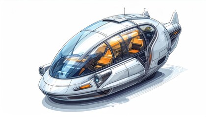 Futuristic white pod vehicle with rounded windows, sketch-like render