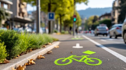 Obraz premium Urban Minimalist Bike Lane with Clear Markings Along a Scenic Roadside Pathway