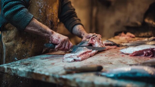 Manual fish filleting by hand highlighting traditional techniques where workers use dexterous movements and detailed attention to skillfully separate flesh from the skeletal frame.