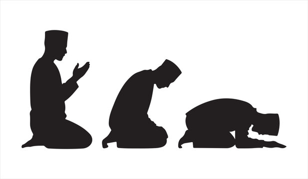 Silhouette vector illustration set of Islamic salah prayer positions isolated on white background