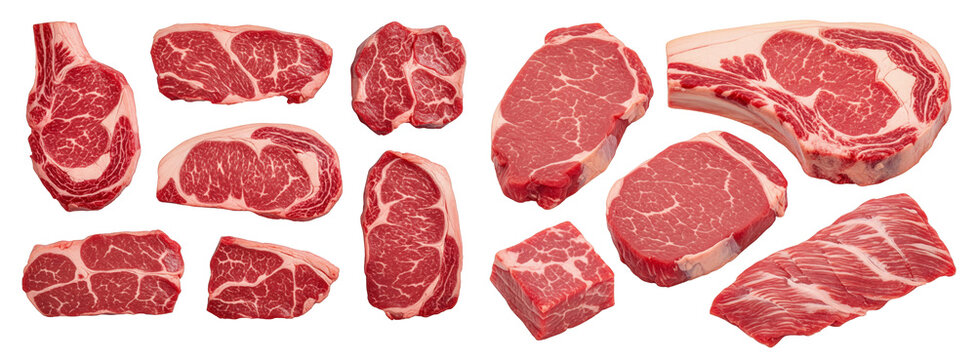 Collection of raw marbled beef steak slices isolated on a transparent background