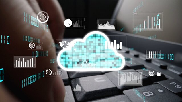 A close-up of a hand typing on a keyboard, surrounded by cloud computing icons and data graphics representing modern technology and digital transformation in business. Xenic - Powered by Adobe
