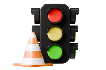 3d traffic light and traffic cone icon. road safety concept. minimal cartoon stop go signal roadwork warning for navigation app ui. isolated on white transparent background. 3d render.