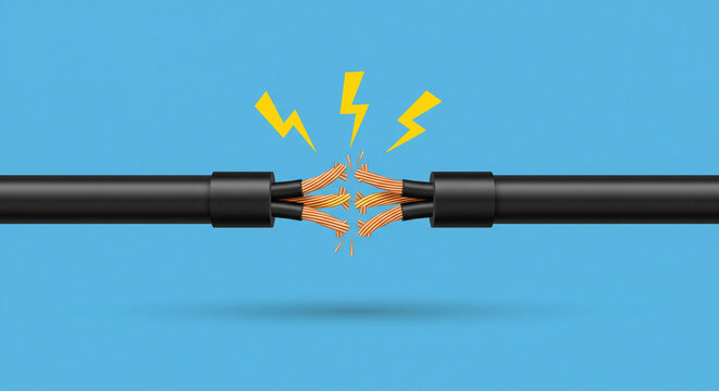 Illustration depicting a dangerous electrical short circuit where frayed black wires are separated with exposed copper strands generating bright yellow lightning symbols against a solid bright blue