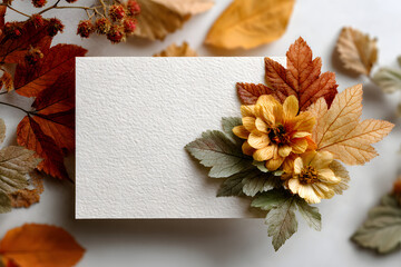 Autumn composition. Frame made of blank paper and leaves on white background. Fall concept. Autumn thanksgiving texture. Flat lay, top view, copy space