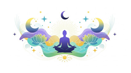 A serene silhouette of a person meditating in lotus position surrounded by vibrant celestial elements stars crescent moons and lotus flowers