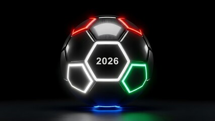 Futuristic 2026 Soccer Ball with Glowing Rings football with glowing digital accents, symbolizing the intersection of advanced technology World Championship Sports Concept