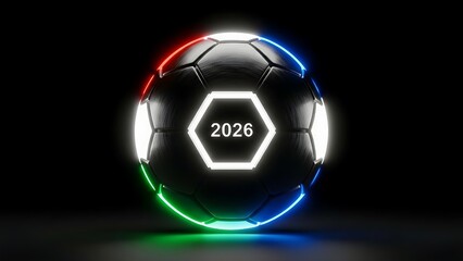 Futuristic 2026 Soccer Ball with Glowing Rings football with glowing digital accents, symbolizing the intersection of advanced technology World Championship Sports Concept