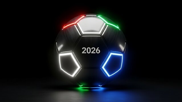 Futuristic 2026 Soccer Ball with Glowing Rings football with glowing digital accents, symbolizing the intersection of advanced technology World Championship Sports Concept - Powered by Adobe