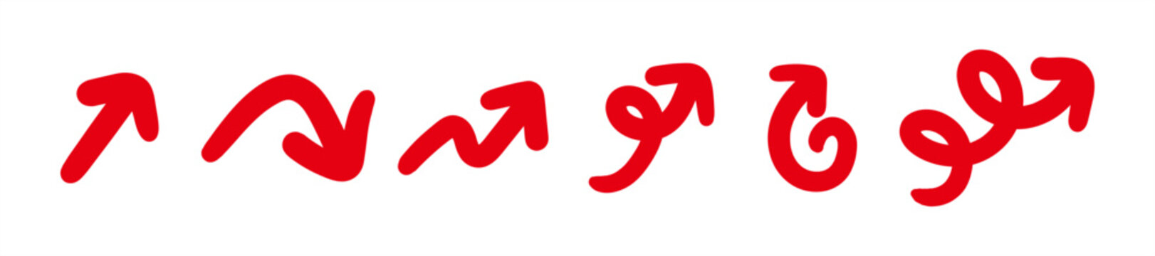 Set of bold hand drawn red arrows with curved and wavy motions, giving a dynamic and playful directional style. Design Illustration