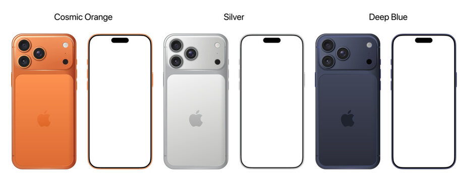 iPhone 17 Pro and iPhone 17 Pro Max realistic mockup in Orange, Silver and Deep Blue colors with front screen view