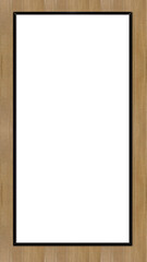Blank vertical transparent frame with thin black border, mounted on luxury light brown wood panel wall. Perfect for displaying art photography or posters in modern interior setting