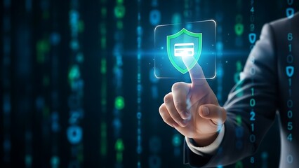Man in suit touching virtual credit card security shield icon with finger