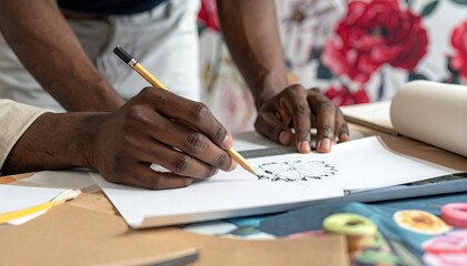 Dark-skinned person sketching a design on paper, floral background