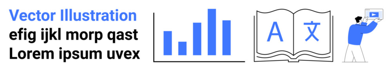 Blue bar chart, open book with letters, and person presenting data on a screen. Ideal for analytics, language learning, education, research, technology, digital marketing simple landing page