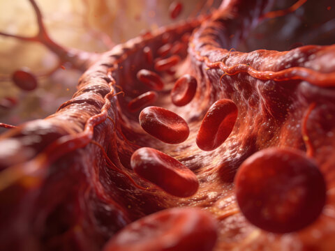 Red Blood Cells Flowing Through Artery, Medical 3D Illustration