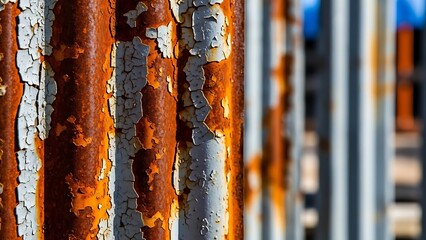 Rusty metal bars with peeling paint outdoors