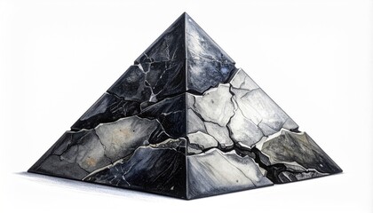 Black, fractured pyramid sculpture; metallic finish, white background
