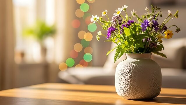 vase with colorful flowers on wooden table indoors