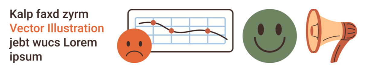 Fototapeta premium Data analysis, emotions, communication, marketing strategies, customer satisfaction, feedback. Line graph with icons including a sad face, happy face and loudspeaker. Data analysis and emotions
