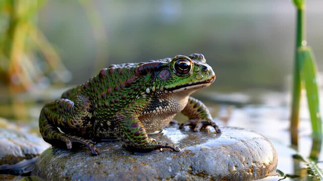 Closeup of a green frog sitting on a rock in water, nature, animal, wildlife.