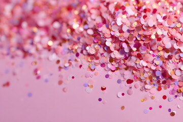 Obraz premium Pink confetti on pink background. Copyspace for text. Bright and festive holiday background.