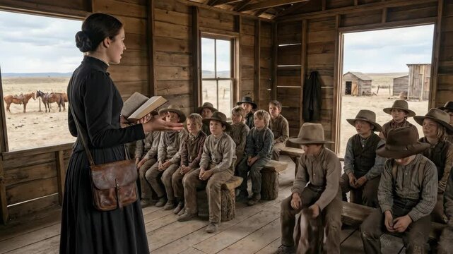 Young female teacher standing and reading to a group of attentive students sitting on benches inside a rustic wooden schoolhouse, representing education in the american old west