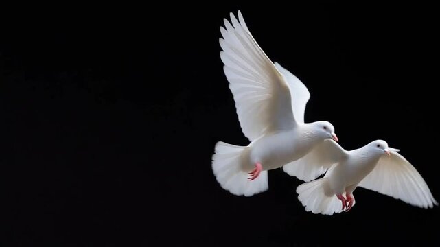 Pair of pure white doves captured mid-flight, wings spread wide, isolated against a stark black background