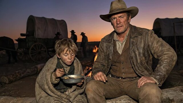 Father figure in western attire feeding a young boy soup from a bowl, sitting by a warm campfire at sunset with wagon trains and other pioneers in the background