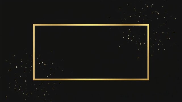 Elegant minimalist motion graphic of a shining golden rectangular border frame with luxury exploding fireworks sparks on a clean black studio background.