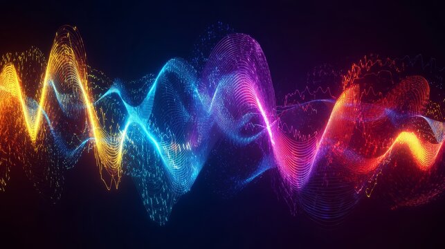 A mesmerizing display of audio waves transformed into neon equalizers, with a spectrum of colors ranging from cool blue tones to fiery reds and yellows. Each wave forms a perfect radial curve,