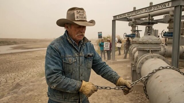 Angry protestor in cowboy hat holds save our rivers sign and chain on cracked dry riverbed, rallying against municipal pump station and water scarcity during drought